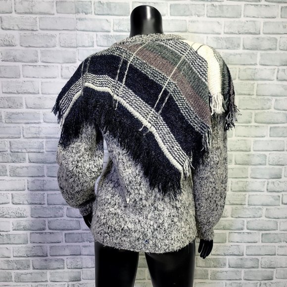 Vintage 80s Mariea Kim Size M Knit Fall Sweater V Fringe Trim Boho Southwestern - Picture 4 of 5